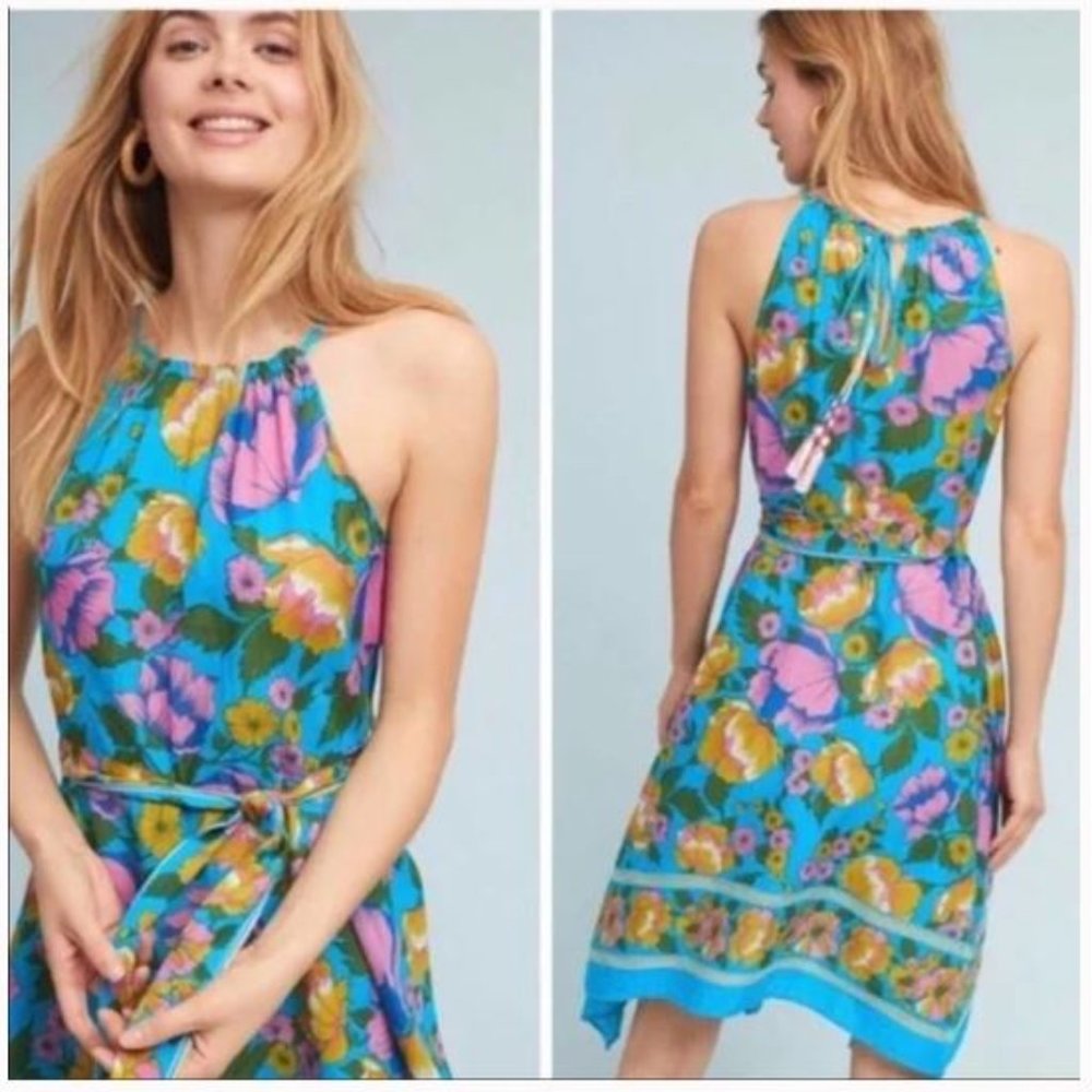 Lilka Anthropologie Dinan Blue Floral Halter Kerchief Dress Women's Size XS